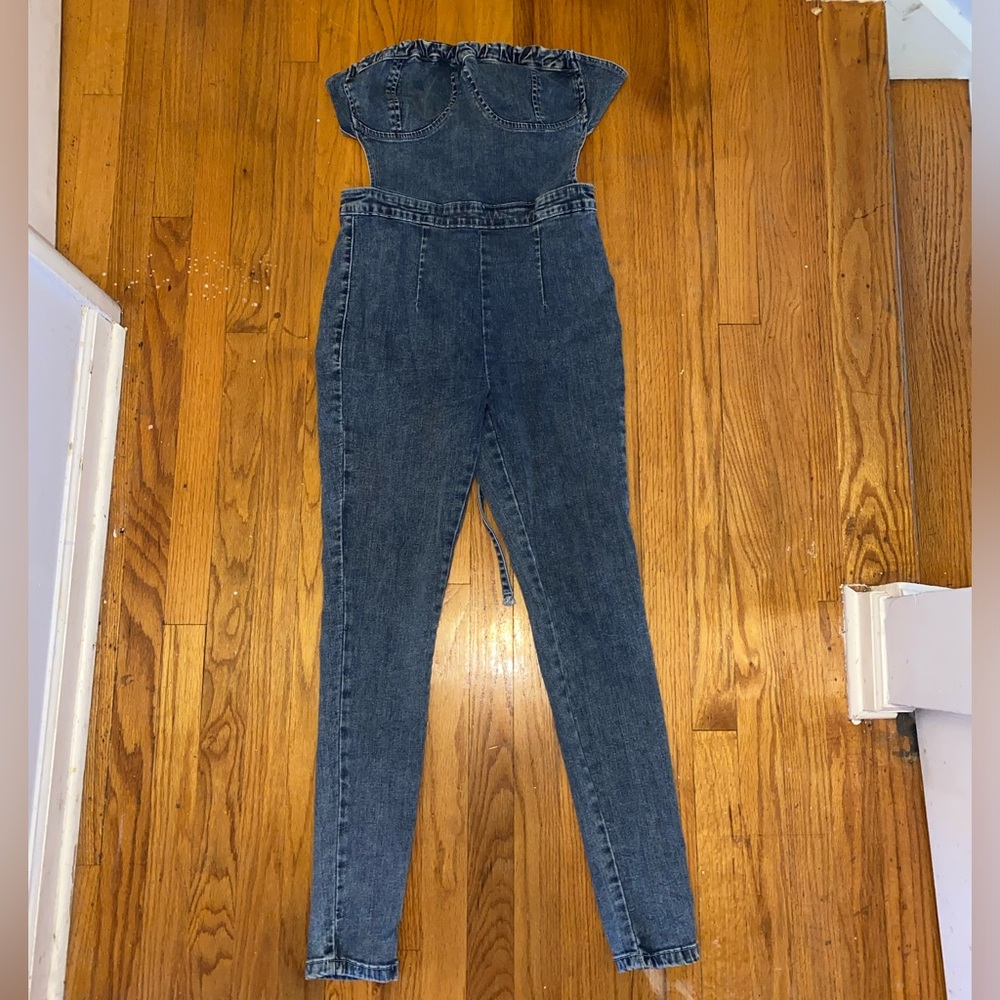 PLT strapless denim jumpsuit
